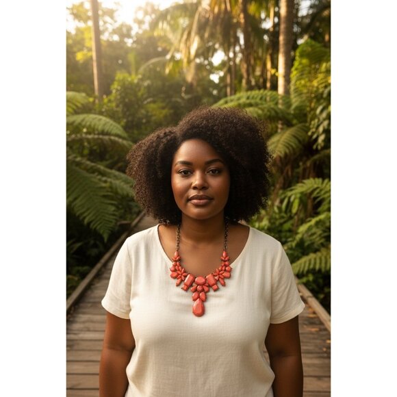 Coldwater Creek Coral Statement Bib Necklace Gold Tone Chain Signed C - Picture 5 of 5